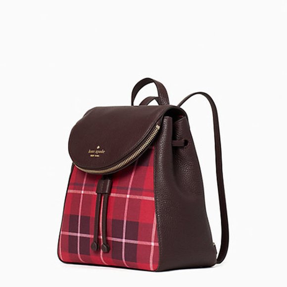 KATE SPADE LEILA MEDIUM FLAP BACKPACK TOTE BAG classic plaid LEATHER - Picture 2 of 4